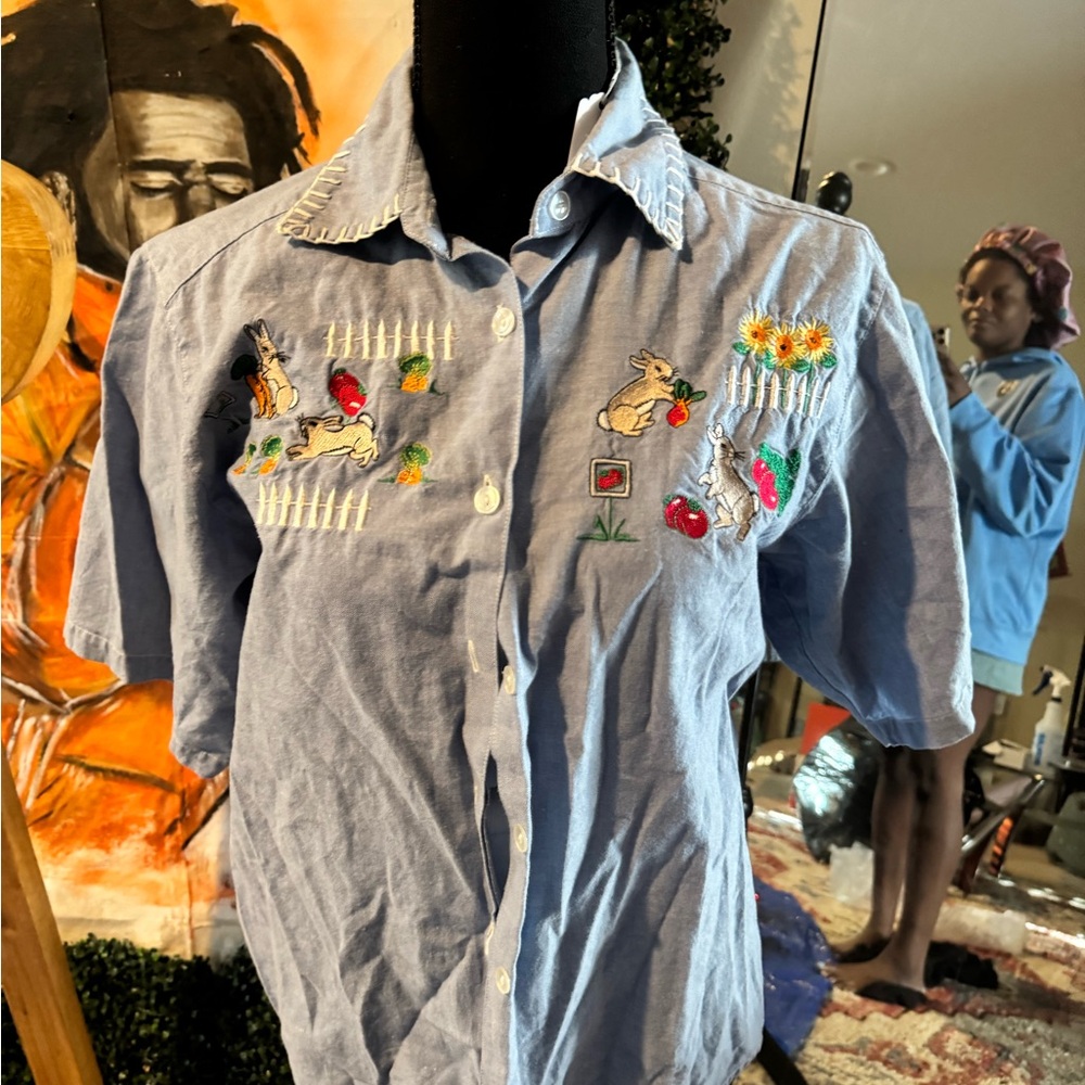 Blue Embroidered Women’s Button Down Shirt